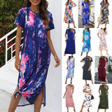 Lumento Women's Short Sleeve Split Maxi Dress Casual Tie Dye Print Shirt Long Dress with Pockets
