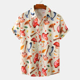 Mens Button Down Shirt Casual Loose Tops Summer Hawaiian Shirts Lapel Neck Short Sleeve T-shirt Mushroom Print Blouse