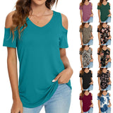 Womens Summer Tshirts V Neck Cold Shoulder Tunic Tops Floral/Tie Dye/Solid Color Blouse Shirts Casual Short Sleeve Tees