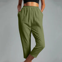 Women's Cotton Straight Capri Pants Casual Elastic Waist Trousers with 2 Pockets