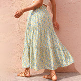 Summer Womens High Waist Boho Floral Print Pleated Maxi Skirt Flowy Swing Beach Long Skirts