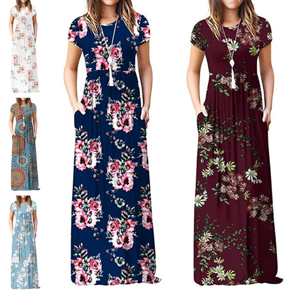 Beach Floral Print Long Maxi Dresses for Women Short Sleeve Summer Ladies Boho Beach Wrap Dress Flowing Party Sundress for Women