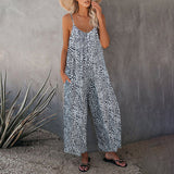 Spaghetti Strap Jumpsuits Romper for Womens Casual Sleeveless Wide Leg Playsuit Leopart Lounge Pants with Pocket