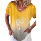 Women Summer Gradient Top V Neck Short Sleeve T Shirt Casual Dandelion Print Blouse Loose Pullover