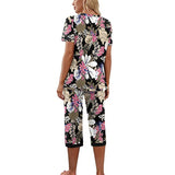 Women Floral Pajama Set Sleepwear Tops with Capri Pants Outfits Ladies Summer Comfy Sleep Nightshirt PJS Set