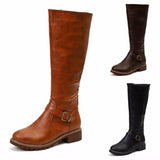 Women PU Leather Buckle Strap Design Boots Chunky Heel Zipper Casual Comfy Biking Boots