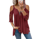 Women Solid Color Hollow Lace Sleeve Strappy Casual Tops T-Shirt Blouse Pullover