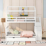 Goory Solid Wood Twin Over Full Bunk Bed With Roof,Kids House Bed With Guard Rail,Converts into 3 Separate Platform Beds,Children Floor Bed With Storage Staircase & Trundle  White