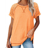 Women Solid Hollow Crew Neck Tops Short Sleeve T-Shirt Casual Pullover Loose Blouse Summer Tee Shirt Side Slit