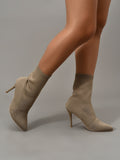 Womens Knitted Stretch Cloth Slip On Ankle Boots Pointed Toe Fashionable Kitten High Heels Boots