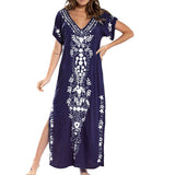 Lumento Women Embroidery Short Sleeve Bikini Cover Up Side Split Beach Kaftan Dress Swimsuit