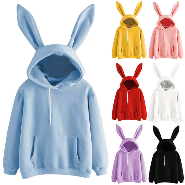 Women's Solid Color Bunny Ears Hooded Casual Sweatshirt Hoodie Jumper Pullover