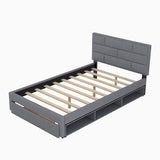 Gplesas Solid Wood Full Size Platform Bed,Storage Platform Bed with Drawers & Storage Shelves,Linen Fabric Upholstered Floor Bed,Gray