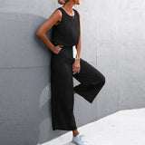 Womens Casual Solid Color Sleeveless Jumpsuit Long Pants