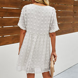 Women Solid Pom Pom V Neck Mini Dress Ruffle Short Sleeve Swing Dress Casual Summer Beach Sundress