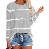 Women's Stripe Print Scoop Neck Loose Fit Long Sleeve T Shirt Pocket Casual Tops