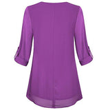 Women's Adjusted 3/4 Sleeve Crew-Neck Chiffon Shirt Casual Loose Pullover Blouse
