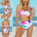 Women Tie Dye Two Piece Bikini Set High Waist Padded Swimsuit Swimwear Beachwear