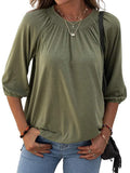 Women Solid Color Crew Neck Ruched 3/4 Sleeve Tops T-Shirt Blouse Pullover Tee