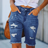 Women Tassel Skinny Stretch Ripped Midi Jeans Streetwear Summer Denim Short Pant