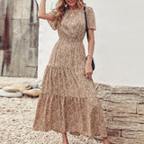 Lumento Women Summer Floral Print Dress Casual Boho Short Sleeve Ruffle Tiered Dress Swing Maxi Dress