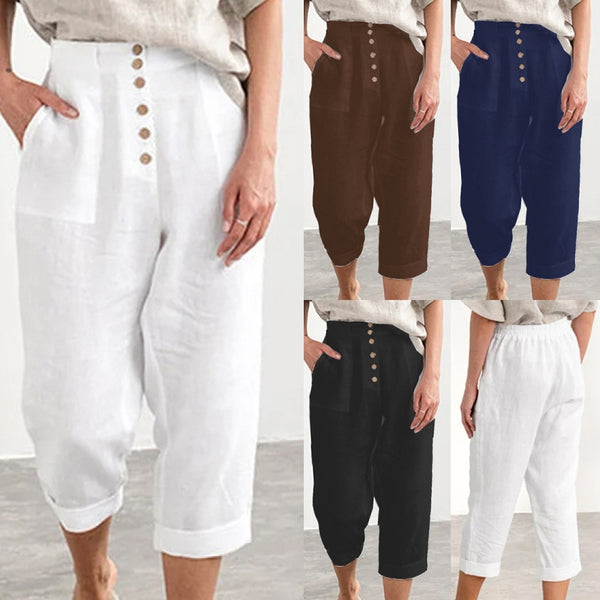 Women Casual Lounge Capris Pant High Waist Cotton Linen Yoga Cropped Pant Loose Boho Hippie Pant with Pocket