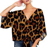 Women's Blouse Half Sleeve Printed Tie Cotton Top Beach Wear Deep V Neck Loose Shirt