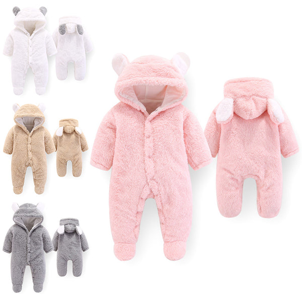 Newborn Baby Girls Boys Cute Thick Fleece Hood Warm Fur Jumpsuit Zipper Outfits