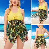 Women Plus Size Swimming Dress Yellow Swimsuit Tummy Control Swimwear Backless Beachwear Bathing Suit