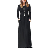 Women Tunic Waist Full Length Dress Solid Color Scoop Neck Slim Fit Long Sleeve