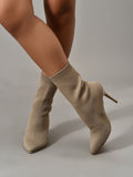 Womens Knitted Stretch Cloth Slip On Ankle Boots Pointed Toe Fashionable Kitten High Heels Boots