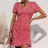 Women's Ruffle Sleeve Dresses Summer Sexy V Neck Floral Print Boho Beach Dress