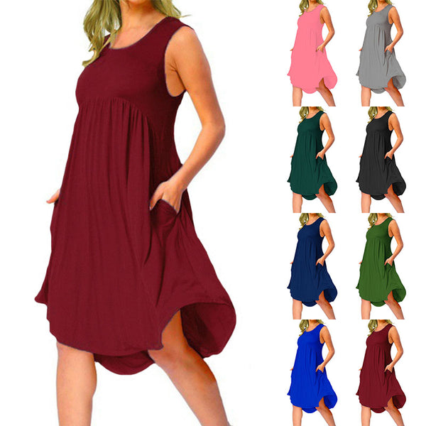 Women Solid Sleeveless Midi Dress Vest Summer Beach Pockets Swing Dress Sundress