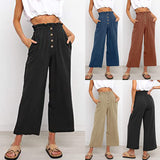 Women Plain Daily Wear Trousers Casual Buttons Palazzo Pant Loose Fit Solid Color Pants