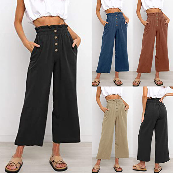 Women Plain Daily Wear Trousers Casual Buttons Palazzo Pant Loose Fit Solid Color Pants