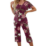 Women Floral Pajama Set Sleepwear Tops with Capri Pants Outfits Ladies Summer Comfy Sleep Nightshirt PJS Set