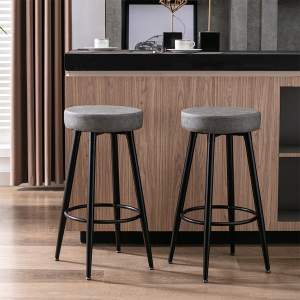 Goory Industrial Round Bar Stools Set of 2, PU Leather 2pcs Barstool 30" Height Dining Chair Stool Counter Stools with Metal Footrest for Kitchen Island Height,Pub Bar Coffee Shop,Gray
