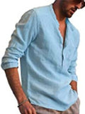 Mens Casual Cotton Linen Henley Shirts Long Sleeve T-shirt Tops Pullover Buttons