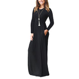 Women Tunic Waist Full Length Dress Solid Color Scoop Neck Slim Fit Long Sleeve