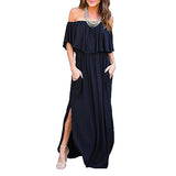 Sexy Off Shoulder Long Maxi Dress for Women Short Sleeve Summer Beach Sundress Split Ruffle Dress with Pocket