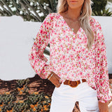 Ladies V-neck Floral Blouse Women's Lantern Long Sleeves Loose Fit Tops Shirts