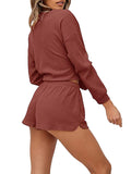 Women Two Piece Tracksuit Set Knitted Long Sleeve Tops Shorts Fitness Loungewear