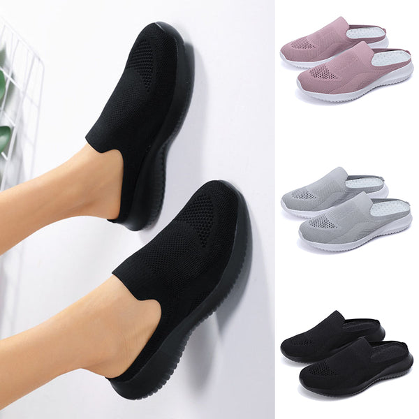 Women Flying Weaving Slippers Mules Slip On Round Toe Casual Athletic Shoes Flat