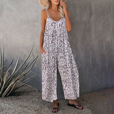 Spaghetti Strap Jumpsuits Romper for Womens Casual Sleeveless Wide Leg Playsuit Leopart Lounge Pants with Pocket