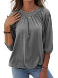 Women Solid Color Crew Neck Ruched 3/4 Sleeve Tops T-Shirt Blouse Pullover Tee