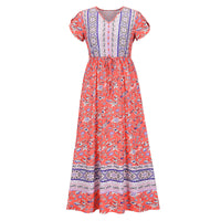 Lumento Women Floral Print Dress Summer V Neck Boho Dress Short Sleeve Long Maxi Dress