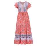 Lumento Women Floral Print Dress Summer V Neck Boho Dress Short Sleeve Long Maxi Dress