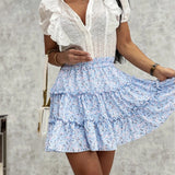 Women Pleated Skirts Casual High Waist Mini Skirt Printed Summer Swing Skirt