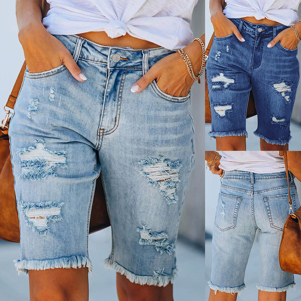 Women Tassel Skinny Stretch Ripped Midi Jeans Streetwear Summer Denim Short Pant