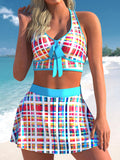 Women Sexy Swimwear V Neck Sleeveless Skirt Set Bow Tie Casual Bathing Suit High Waist Backless Swimdress Ruffle Hem Holiday Summer